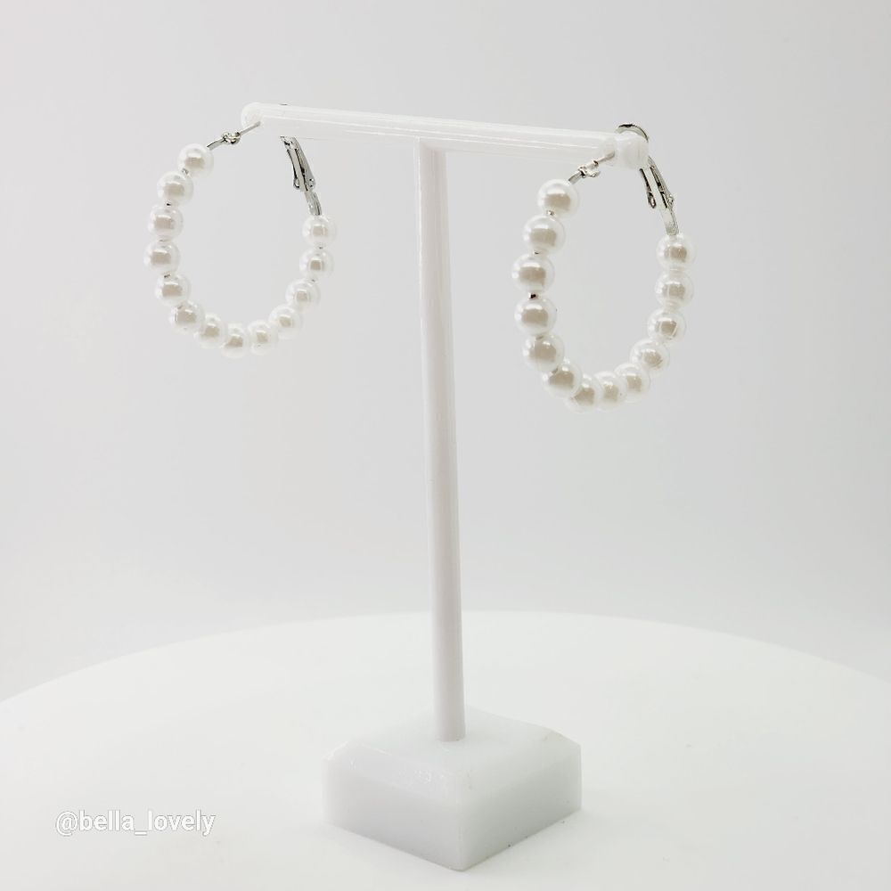 Lightweight Silver Toned Hoop Earrings with White Faux Pearl Beads